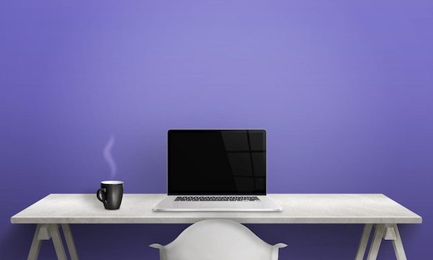 Writing and working on a laptop Clean scene of the desk in office or room Blank screen for mockup