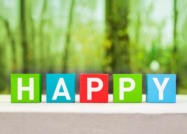 Written word HAPPY on wooden colorful blocks on a green nature background