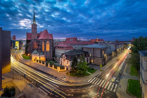 Wroclaw Poland Aerial cityscape at dusk with church