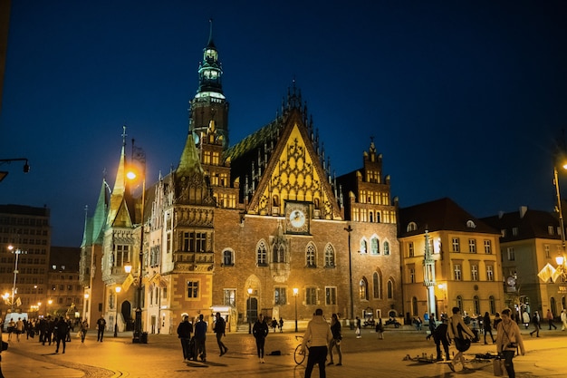 WROCLAW, POLAND-April. Night view of the Wroclaw Market Square with the town Hall.Europe.