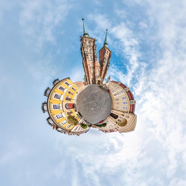 WROCLAW POLAND OCTOBER 2018 Little planet Spherical aerial 360 panorama view on street ancient medieval city Wroclaw Poland