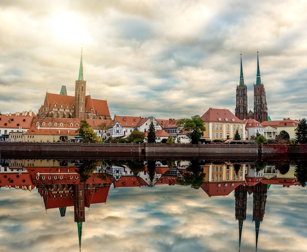 Wroclaw Poland view at Tumski island and Cathedral of St John the Baptist with bridge through river Odra