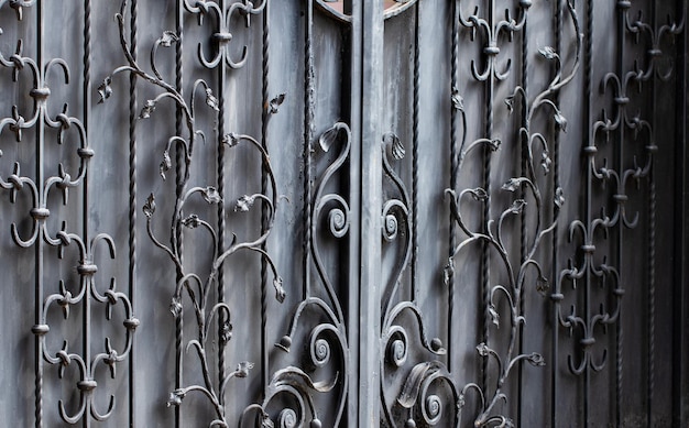 Wrought-iron gates, ornamental forging, forged elements close-up..