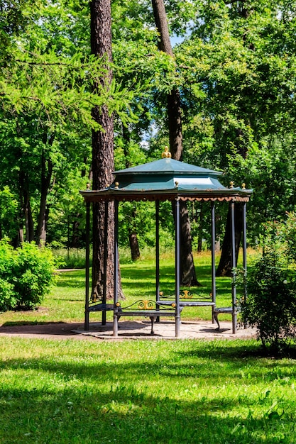 Wrought iron gazebo in a park at summer