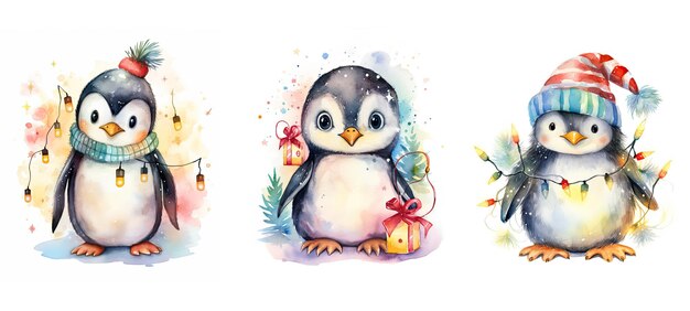 クリスマスライトの冬かわいいペンギン 水彩ai生成キャラクター鳥極地南極動物スカーフ冬クリスマスライトのかわいいペンギン水彩イラスト