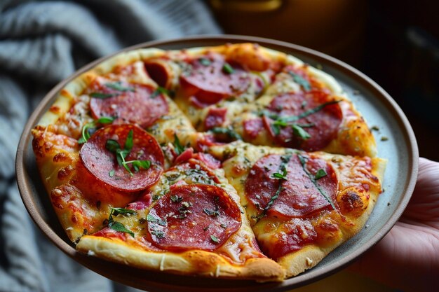 Photo wter holding tasty salami pizza on a plate