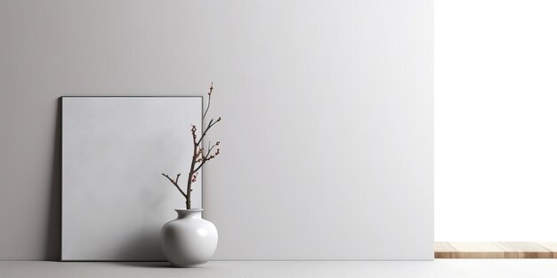 Photo wtite wall blank canvas mockup in scandi style interior with trailing plant in pot on empty