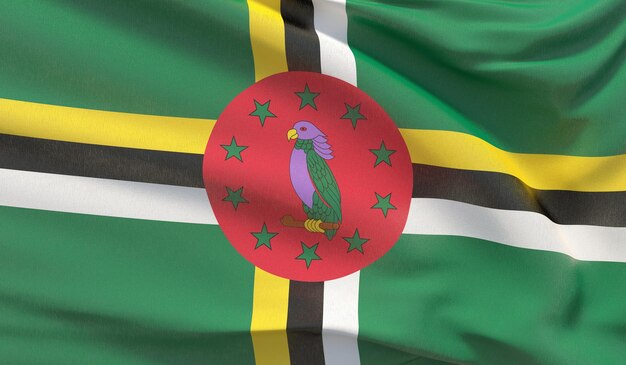 Wuivende nationale vlag van Dominica Zwaaide zeer gedetailleerde close-up 3D render