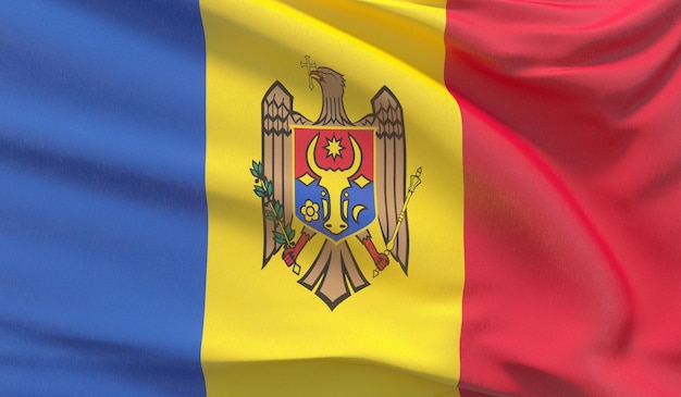 Wuivende nationale vlag van Moldavië zwaaide met zeer gedetailleerde close-up d render