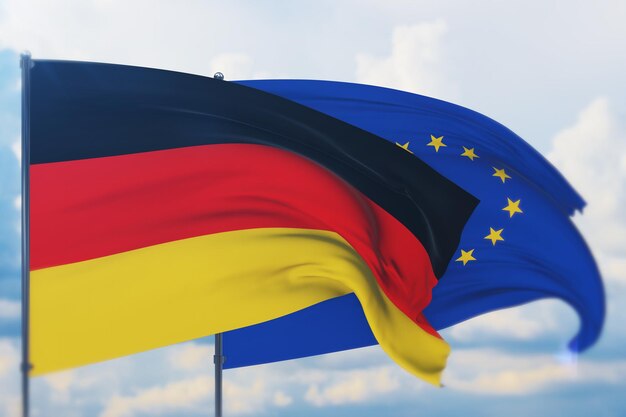 Wuivende vlag van de Europese Unie en de vlag van Duitsland close-up weergave d illustratie