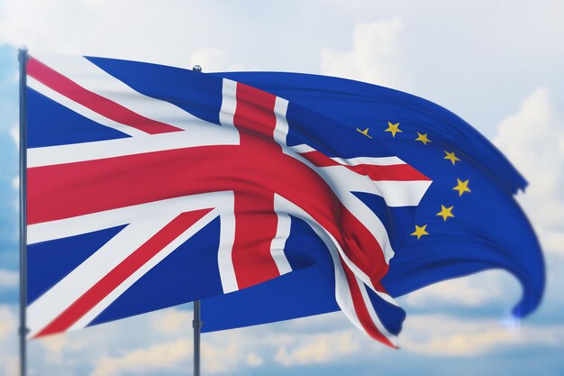 Wuivende vlag van de Europese Unie en de vlag van het VK close-up weergave d illustratie