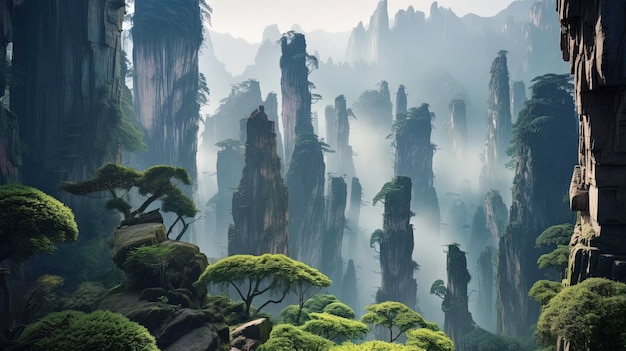 ウーリングユアン景観地帯 中国の砂岩の柱が高く 生成的なAI技術で作られました