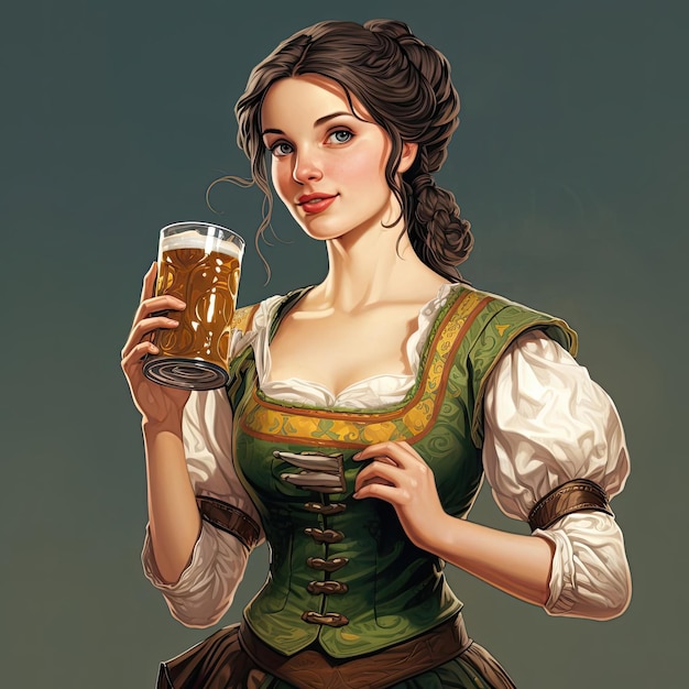 a wurzeld woman holding two mugs of beer in the style of graphic novelesque