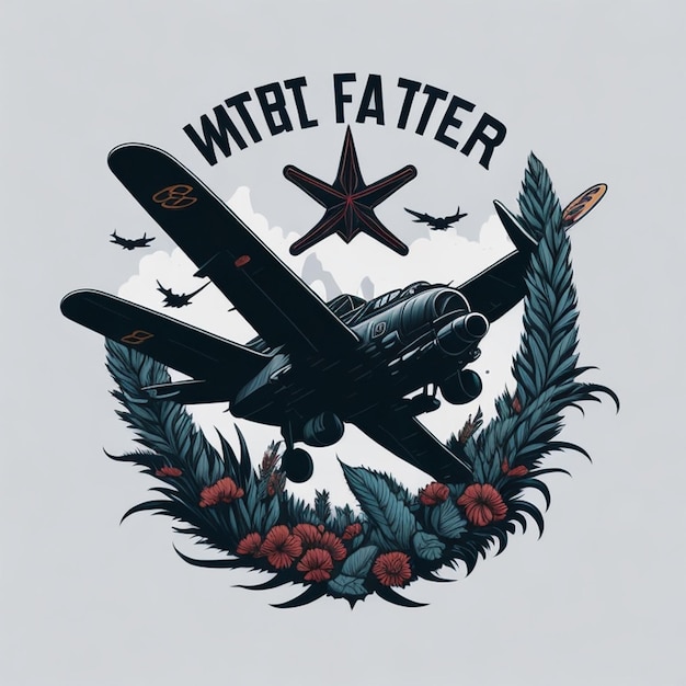 ww2 fighter airplane circle tshirt design in the style of detailed botanical illustrations