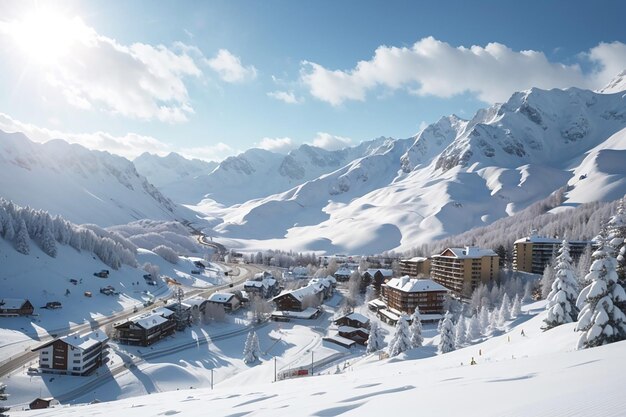 Wyehoekbeeld van een skigebied in het winterseizoen