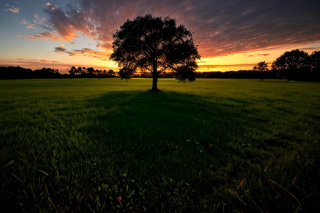 Wyehoekfoto van een enkele boom die groeit onder een bewolkte lucht tijdens een zonsondergang omringd door gras