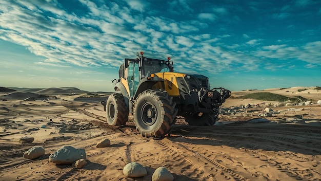 Wyehoekfoto van een machine op een landschap van zand en stenen