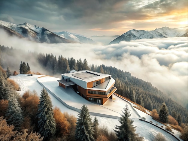 Wyehoekfoto van een modern futuristisch huis in een vallei omringd door mist en bomen