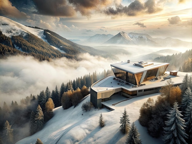 Wyehoekfoto van een modern futuristisch huis in een vallei omringd door mist en bomen