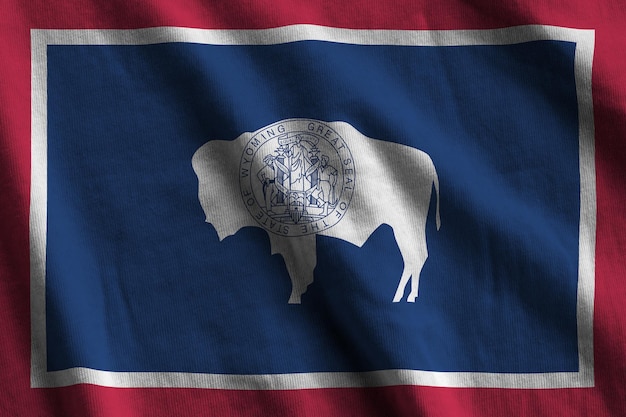 Wyoming us state flag with big folds waving close up under the studio light indoors the official sym