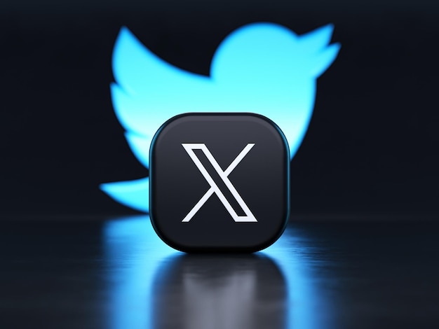 X app logo voor de Twitter blauwe vogel symbool achtergrond in 3D rendering