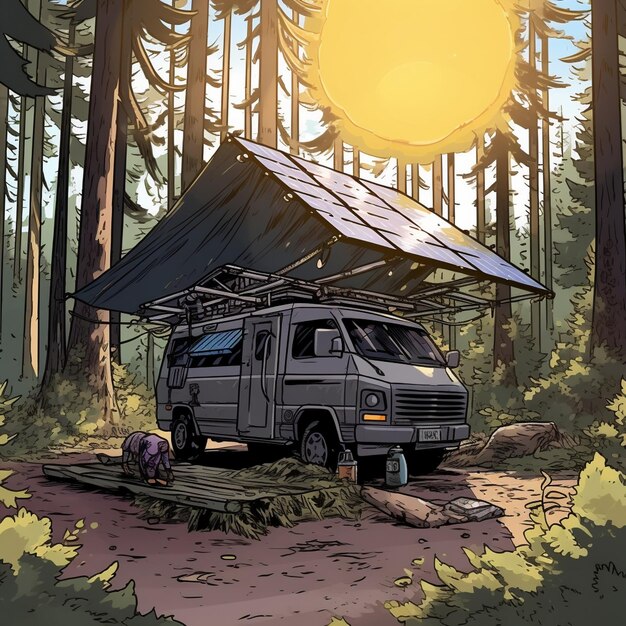 X camper van in a dense forest