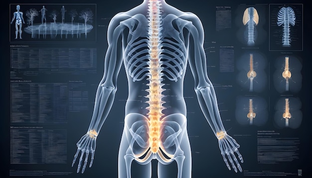 An X ray view of the entire spinal column with annotations indicating areas of strain