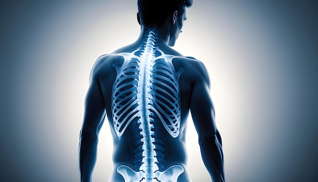 An X ray view of a person s back with highlighted areas showing compression and strain on spine