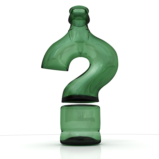 XA3D rendering of a glass and a bottle in the shape of a question markxA