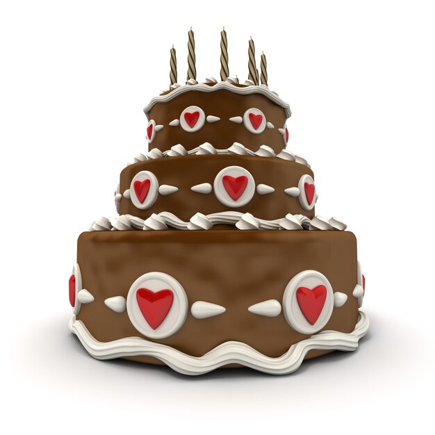 XA3D rendering of  a impressive chocolate three floor cake with red hearts and candlesxA