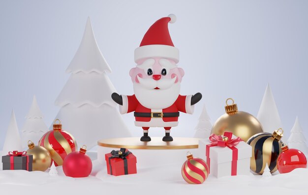 XA3d rendering Merry Christmas Santa Claus with podium for product display on background color