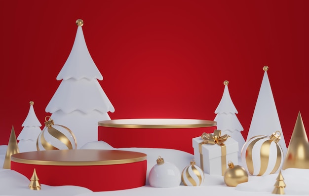 XA3d rendering Merry Christmas Santa Claus with podium for product display on background color