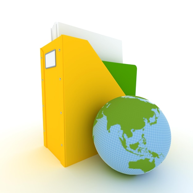 XA3D rendering of a yellow folder with documents and a world mapxA