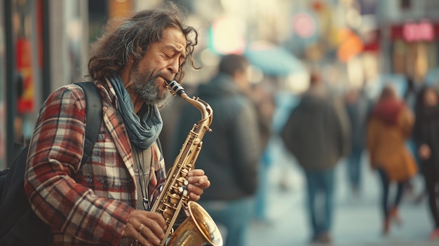 xAA candid shot of a street musician passionately playing a saxophone in a busy urban setting