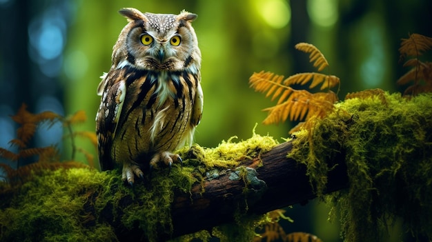 Foto xaa affascinante fotografia di un gufo saggio appoggiato su un ramo di albero coperto di muschio