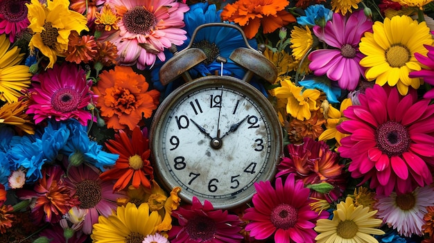 xAA conceptual image of a broken clock surrounded by vibrant flowers