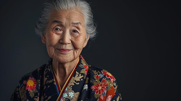 xAA Foto van een vrolijke oudere Aziatische vrouw in traditionele kimono