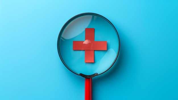 xAA minimalistic representation of a single magnifying glass focusing on a medical cross symbol