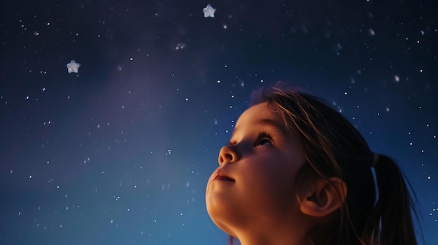 Foto xaa fotografia che cattura l'essenza della meraviglia e del timore con un bambino che guarda in alto un cielo pieno di stelle