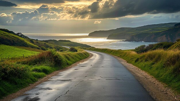 xAA photograph capturing a road leading to a secluded beach