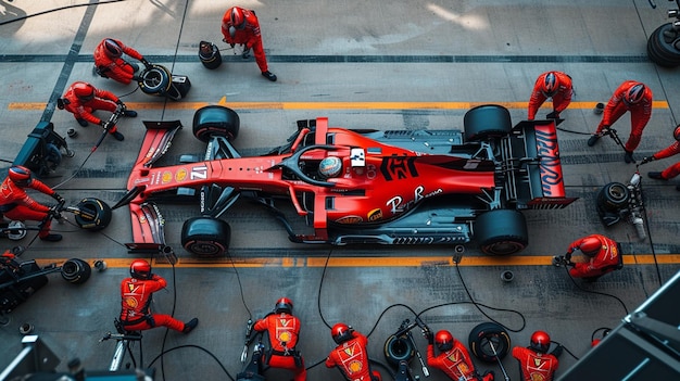 xAA photograph of a Formula 1 car during a pit stop
