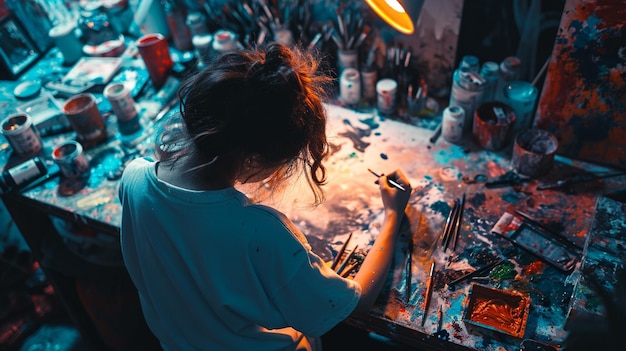 Foto xaa photograph of a person experiencing a burst of creativity and inspiration surrounded by scattered art supplies