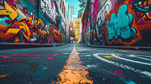 xAA photograph portraying a road lined with vibrant street art