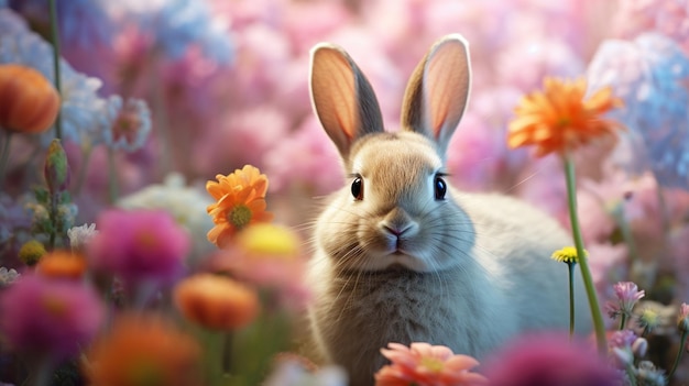 xAA wallpaper displaying a captivating composition of a cute bunny surrounded by vibrant spring flowers