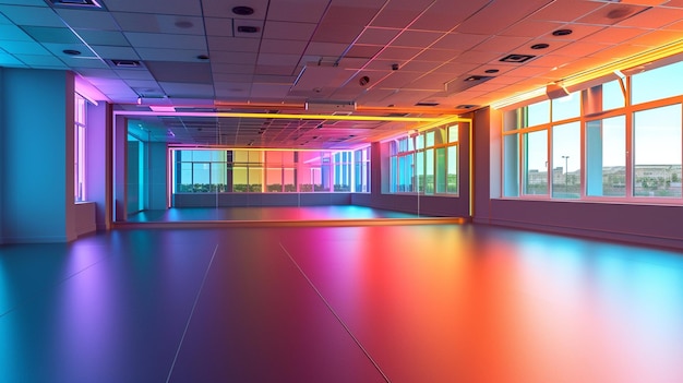 写真 活発な色彩と鏡の壁を持つ空のダンスフィットネススタジオのエネルギッシュな写真