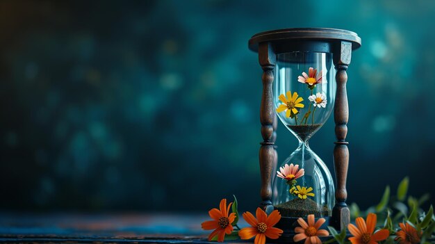 Photo xaan image of an hourglass with blooming flowers inside