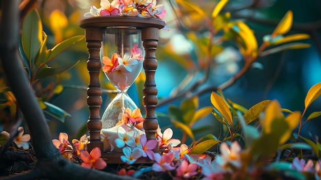 Photo xaan image of an hourglass with blooming flowers inside