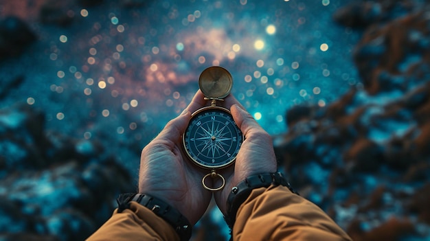 xAAn impactful image of hands holding a compass pointing towards a starry sky