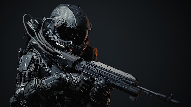 xAAstronaut in a black space suit holding a rifle