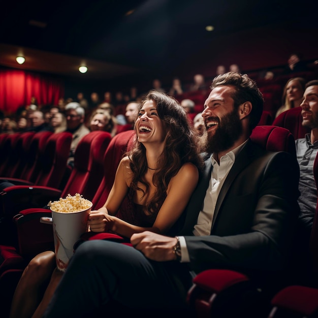 xAПомолвленный мужчина с бородой сидит рядом с привлекательной женщиной, весело сидит в кинотеатре, смотрит фильм и ест попкорн. Концепция развлечения дружбы